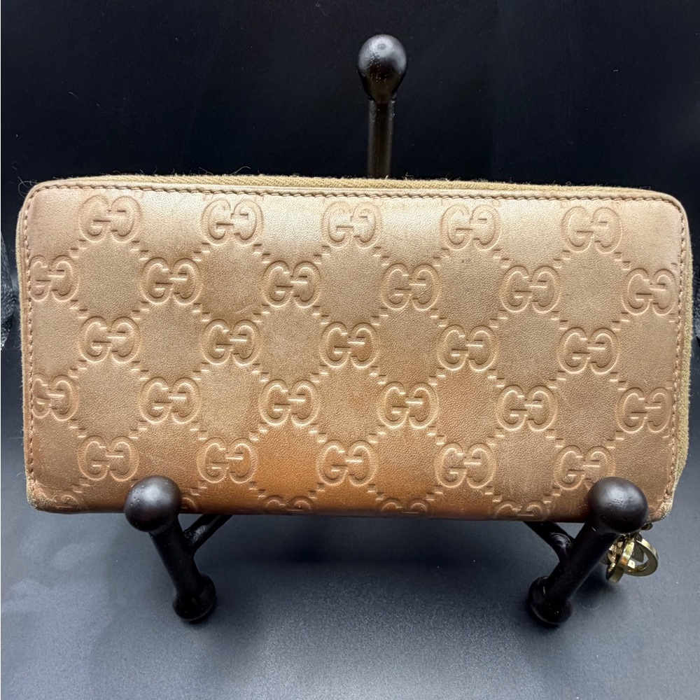 Gucci Guccissima Metallic Gold Leather Zip Around Wallet GG Charm